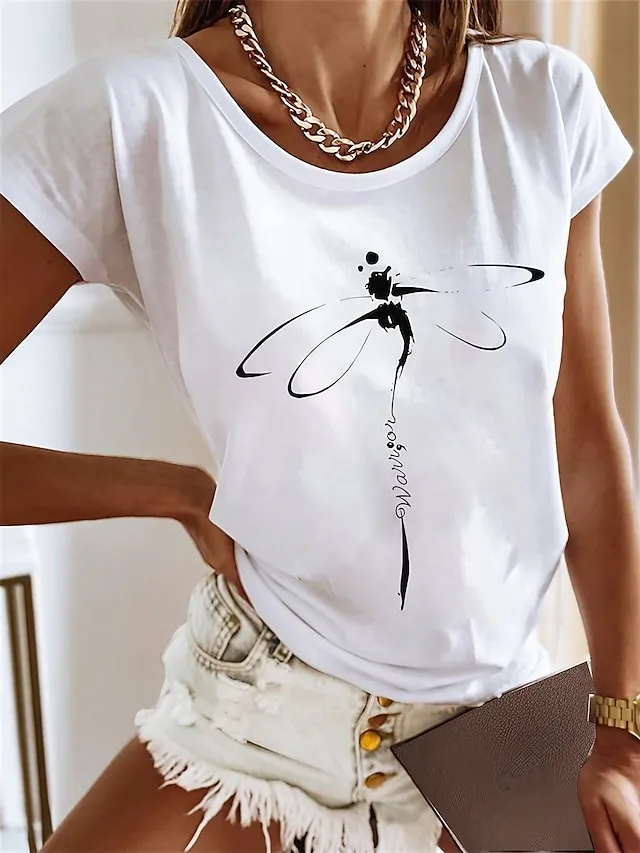 Women's T shirt Tee 100% Cotton Black White Blue Graphic Print Short Sleeve Daily Weekend Basic Round Neck Regular Fit Painting