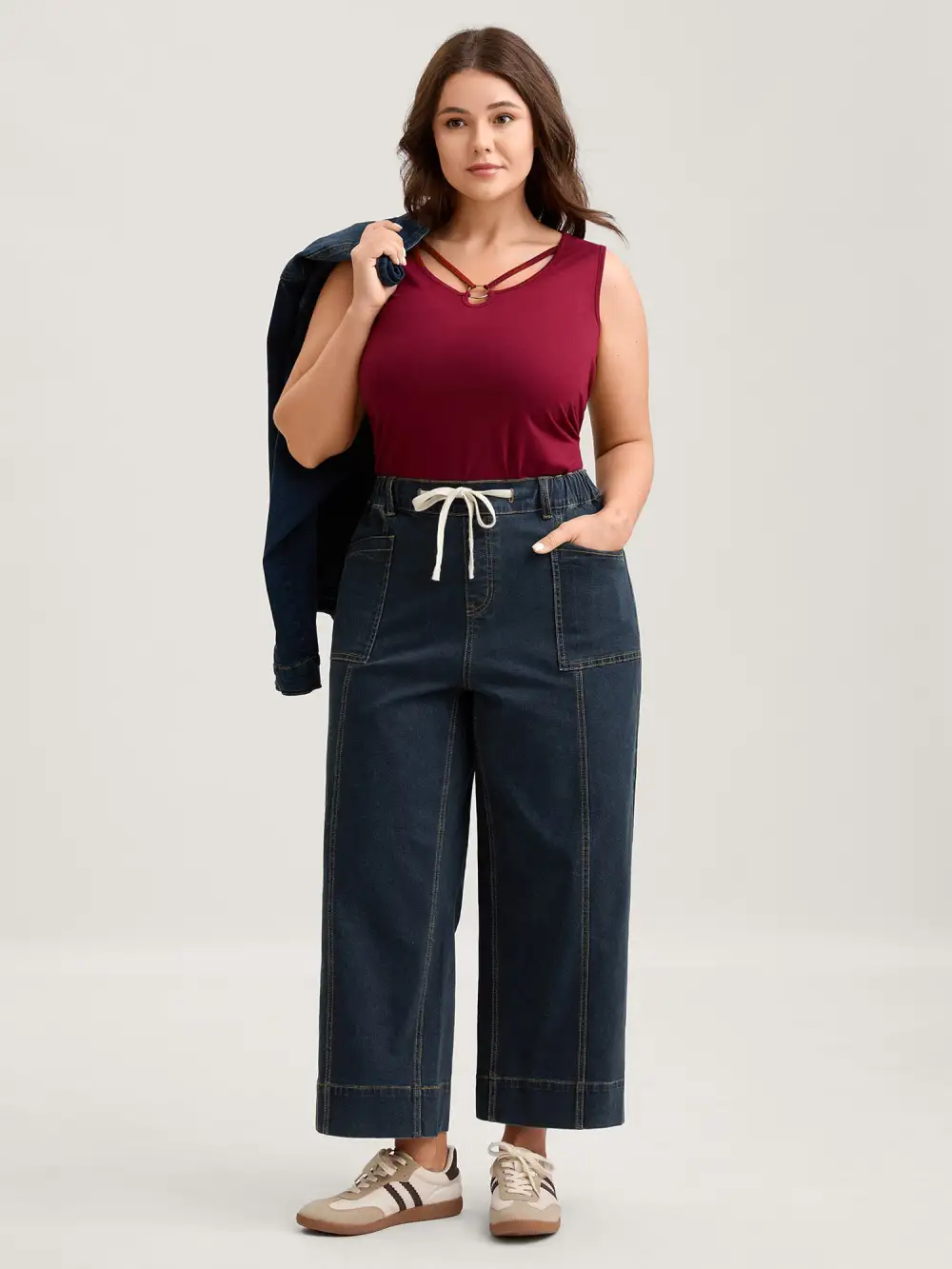Drawstring Waist Elastic Waist Straight-Leg Jeans