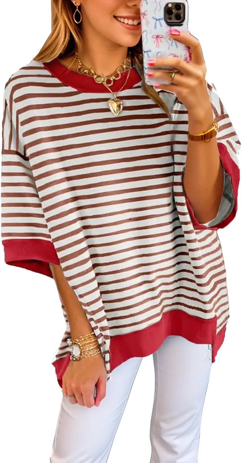 ✨Womens Oversized Striped Color Block Casual Half Sleeve Tops