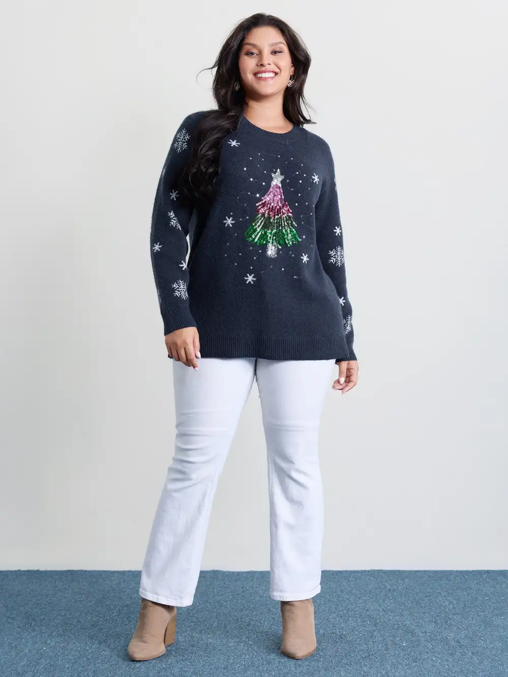 Stretchy Holiday Tree Sequin Embroidery Pullover