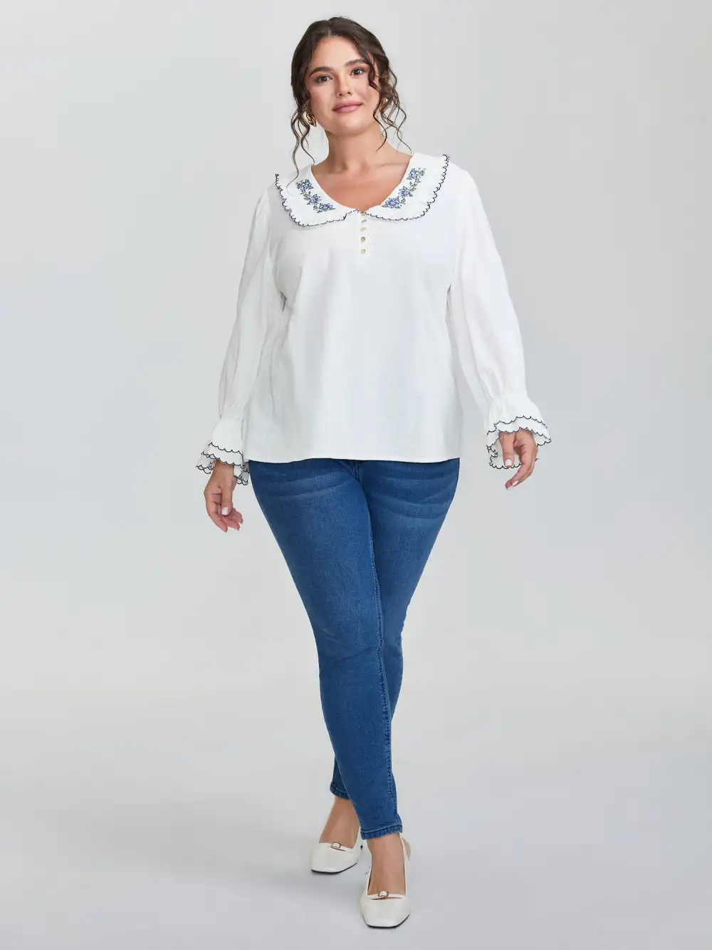 Pure Cotton Embroidered Doll Collar Blouse