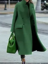 Women's Winter Coat Coat Cloak / Capes Windproof Warm Pocket Casual Street Style Plain Vacation Work Street Daily Wear Single Breasted Turndown Loose Fit Long Sleeve Outerwear Red Blue Green Fall