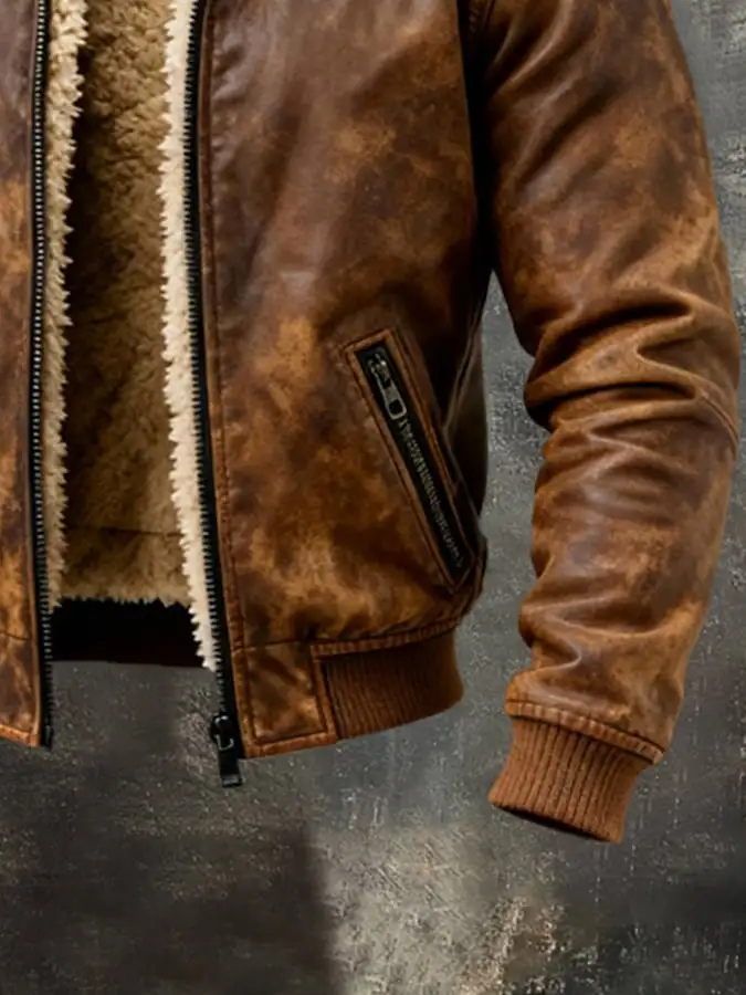 Men'S Vintage Distressed Leather Outdoor Jacket Cotton Coat