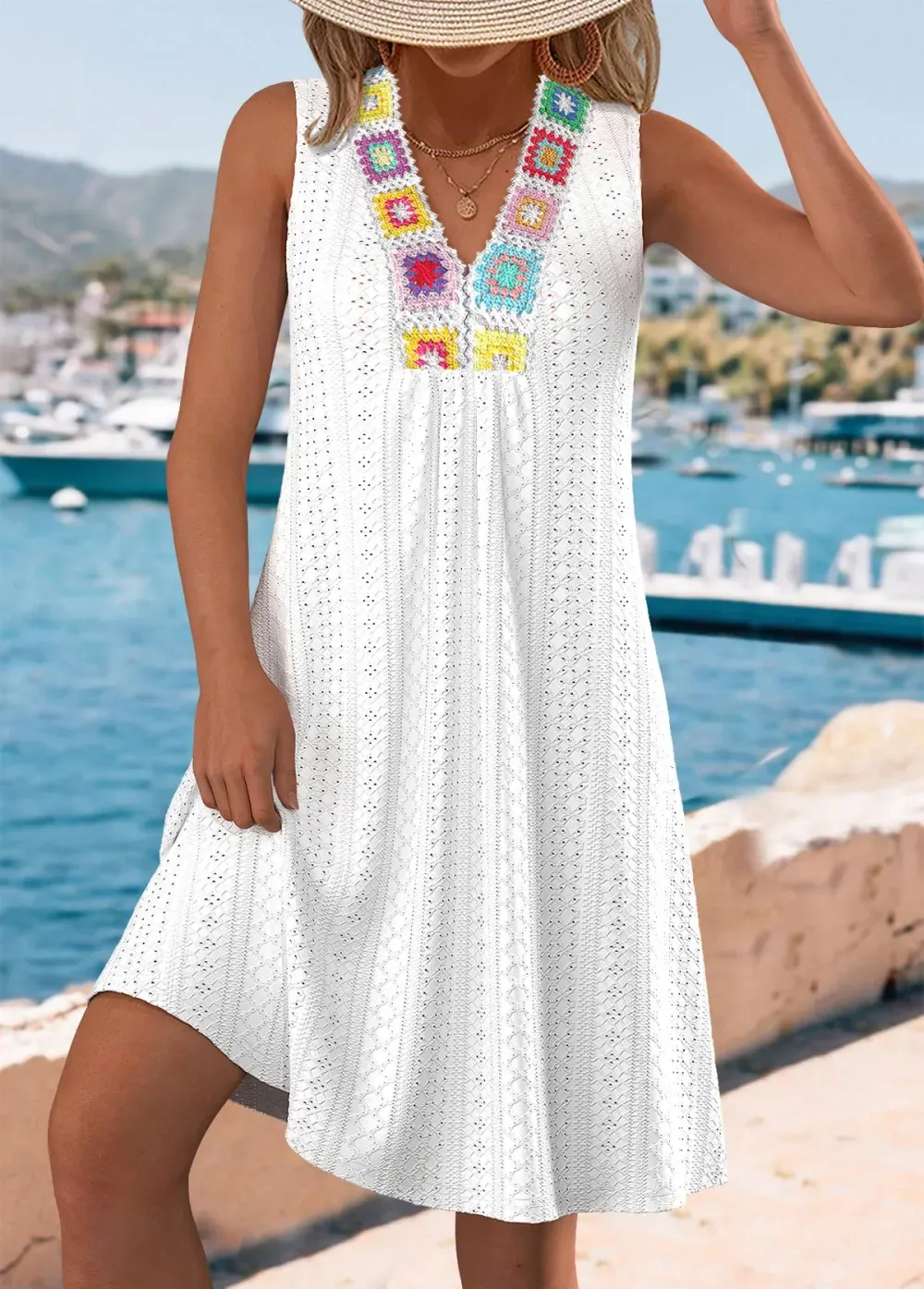 White A Line Sleeveless V Neck Dress