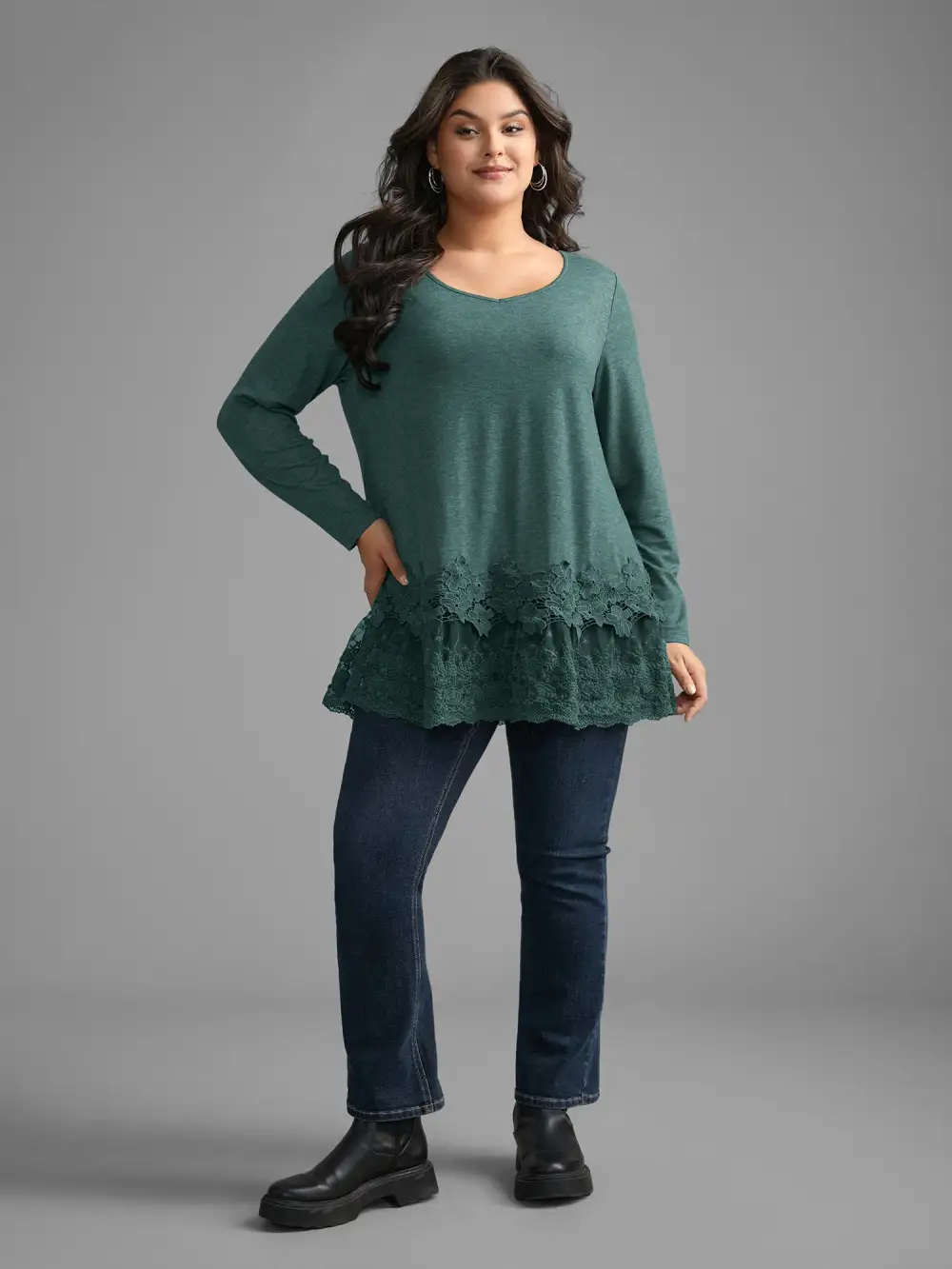 V Neck Lace Panel Jersey Top