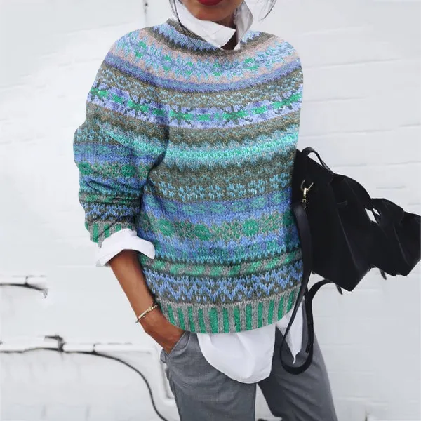 Vintage Ethnic Wavy Jacquard Contrasting Colors Printing Sweater