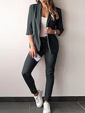 Women's Fashion Formal Blazer Suits Half Sleeve Solid Color Drawstring Work Business Dark Grey Black Dusty Rose Spring &  Fall Regular Fit