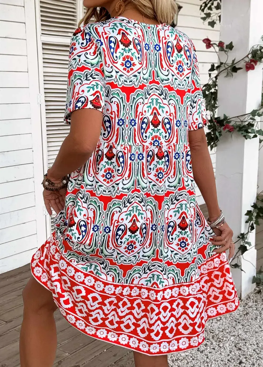 Multi Color Tribal Print A Line Short Sleeve Dress