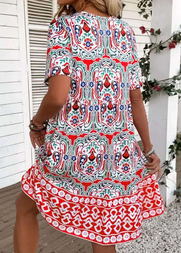 Multi Color Tribal Print A Line Short Sleeve Dress