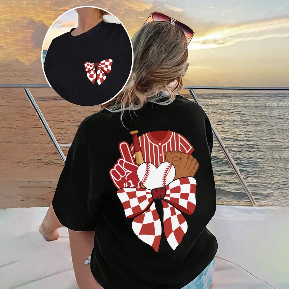 Baseball Jersey, Baseball, Baseball Glove, Baseball Bat, Foam Finger, A White Heart, And A Red And White Checkerboard Bow Tie Combination Pattern, Casual T-Shirt.