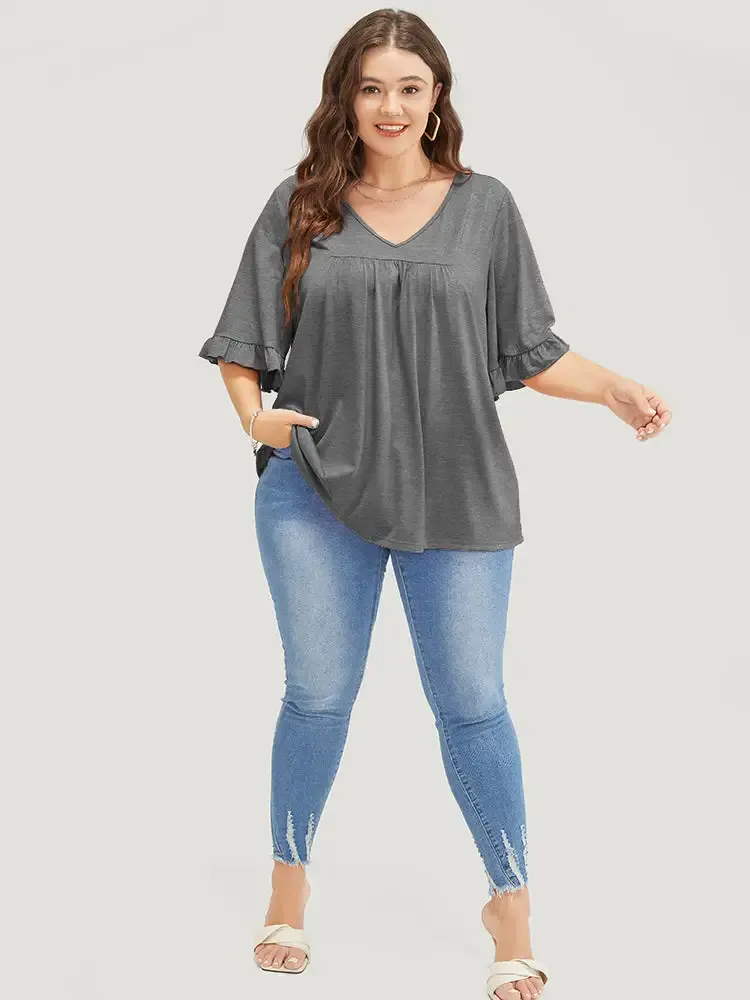 Solid Gathered Ruffle Trim Flounce Sleeve T-shirt