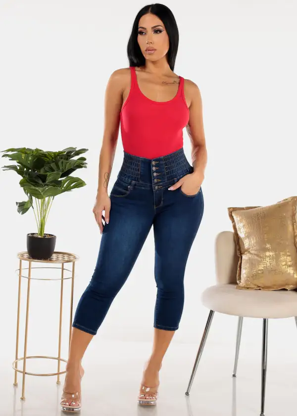 MX JEANS Super High Rise Spandex Waist Dark Denim Stretch Capris