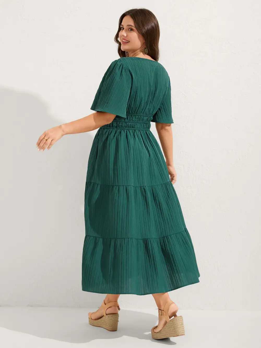 Textured Shirred Cinched Waist Midi Dress