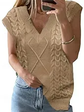 Women's Sweater Sweater Vest Streetwear Casual Solid Color Cable V Neck Knitted Sleeveless Regular Tops Knit Daily Holiday Weekend Wine Red Black Spring Fall