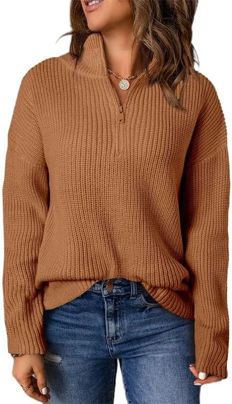 Womens Sweaters Long Sleeve 1/4 Zip Pullover Polo V Neck Dressy Casual Tops