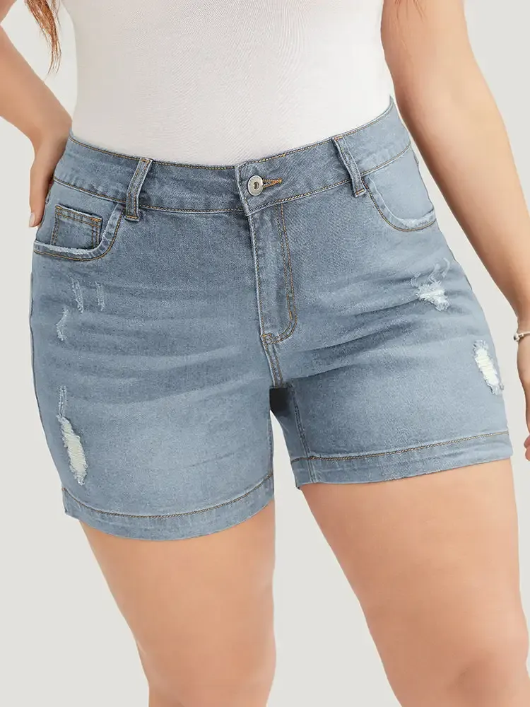 Moderately Stretchy High Rise Dark Wash Distressed Denim Shorts