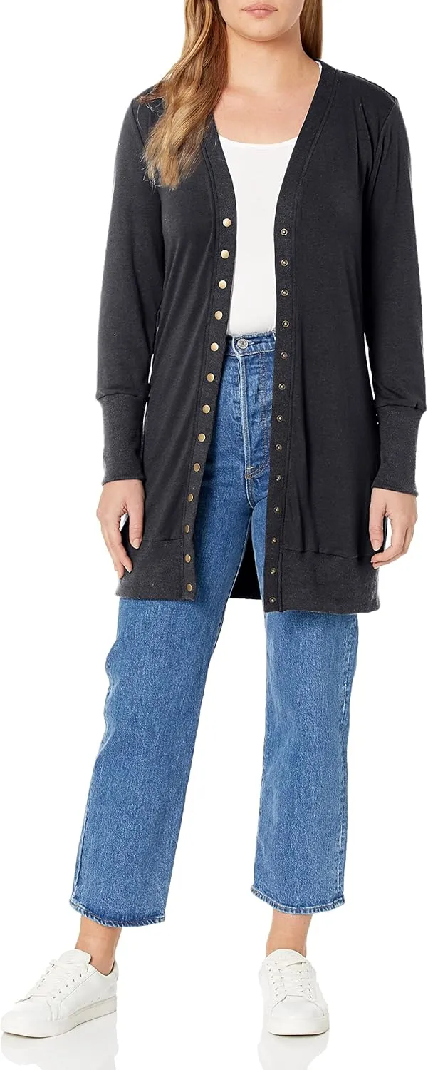 Women's 2024 Fall Long Sleeve Snap Button Down Solid Color Knit Ribbed Neckline Cardigans