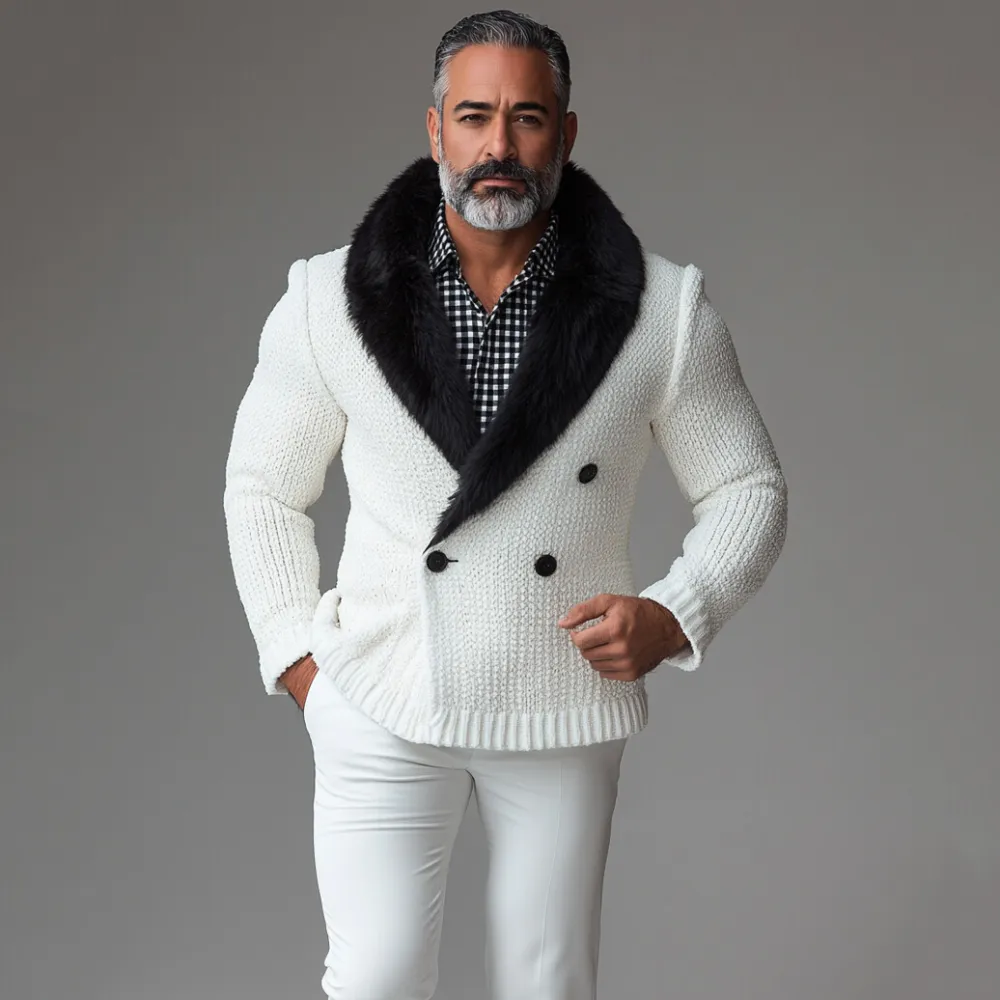 Men's Knit Plush Shawl Lapel Double Breasted Long Sleeve Jacket