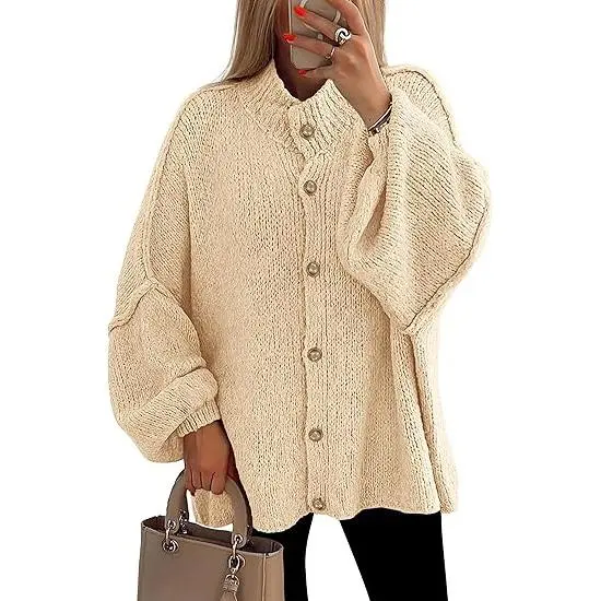 Women's Winter Button Down Cardigan Sweaters Mock Neck Lantern Long Sleeve Chunky Knit Jacket Trendy Outerwear