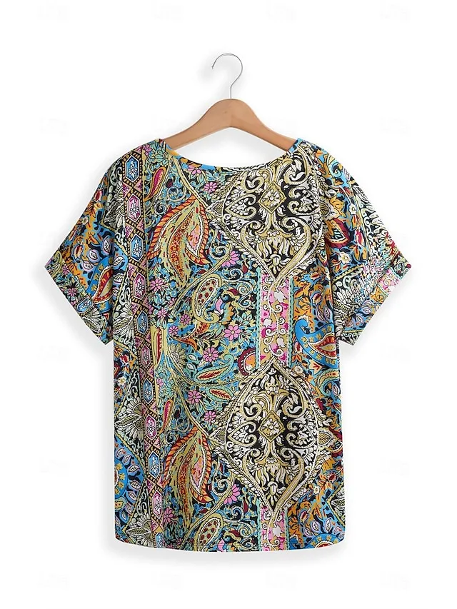 Women's Boho Shirt Tee Paisley Vintage Rainbow Print Blouse V Neck Half Sleeve Casual Short Sleeve Ethnic Summer Spring Shirts