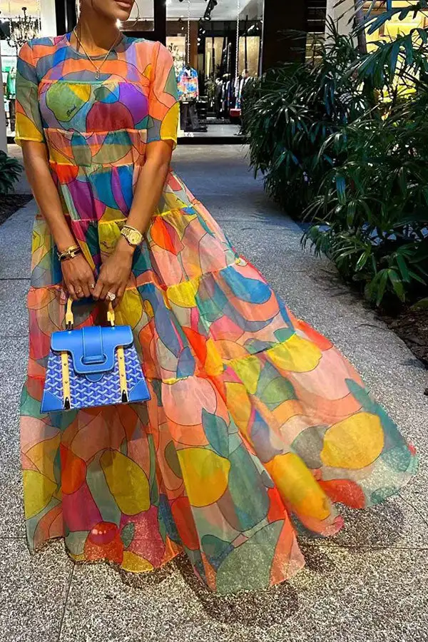 Graphic Print Colorful Tiered Ruffle Maxi Dress