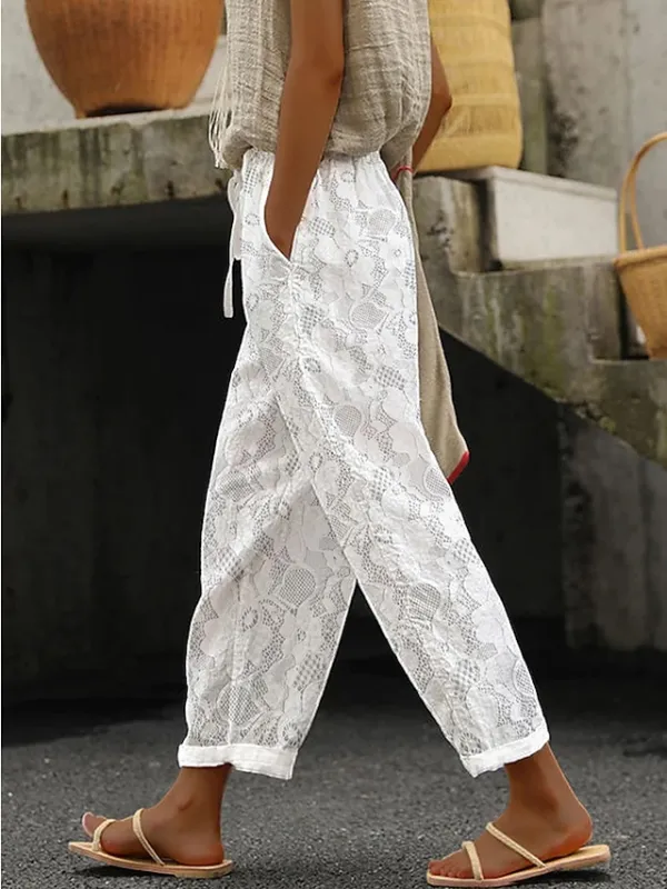 Women's Pants Trousers Faux Linen Pearl White White Fashion Holiday Weekend Side Pockets Full Length Comfort Floral S M L XL 2XL