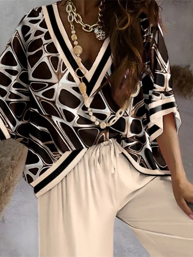 Women's Loungewear Sets Nighty 2 Pieces Geometic Simple Comfort Home Daily Going out Polyester Breathable V Wire Half Sleeve Shirt Pant Fall Spring Khaki White
