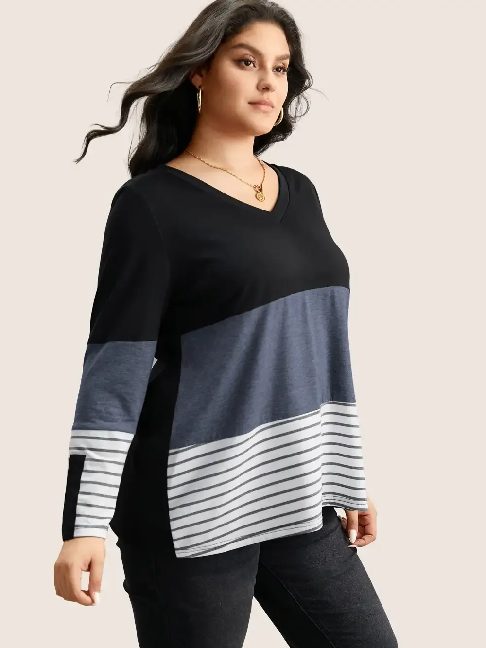 Colorblock Contrast Striped V Neck T-Shirt