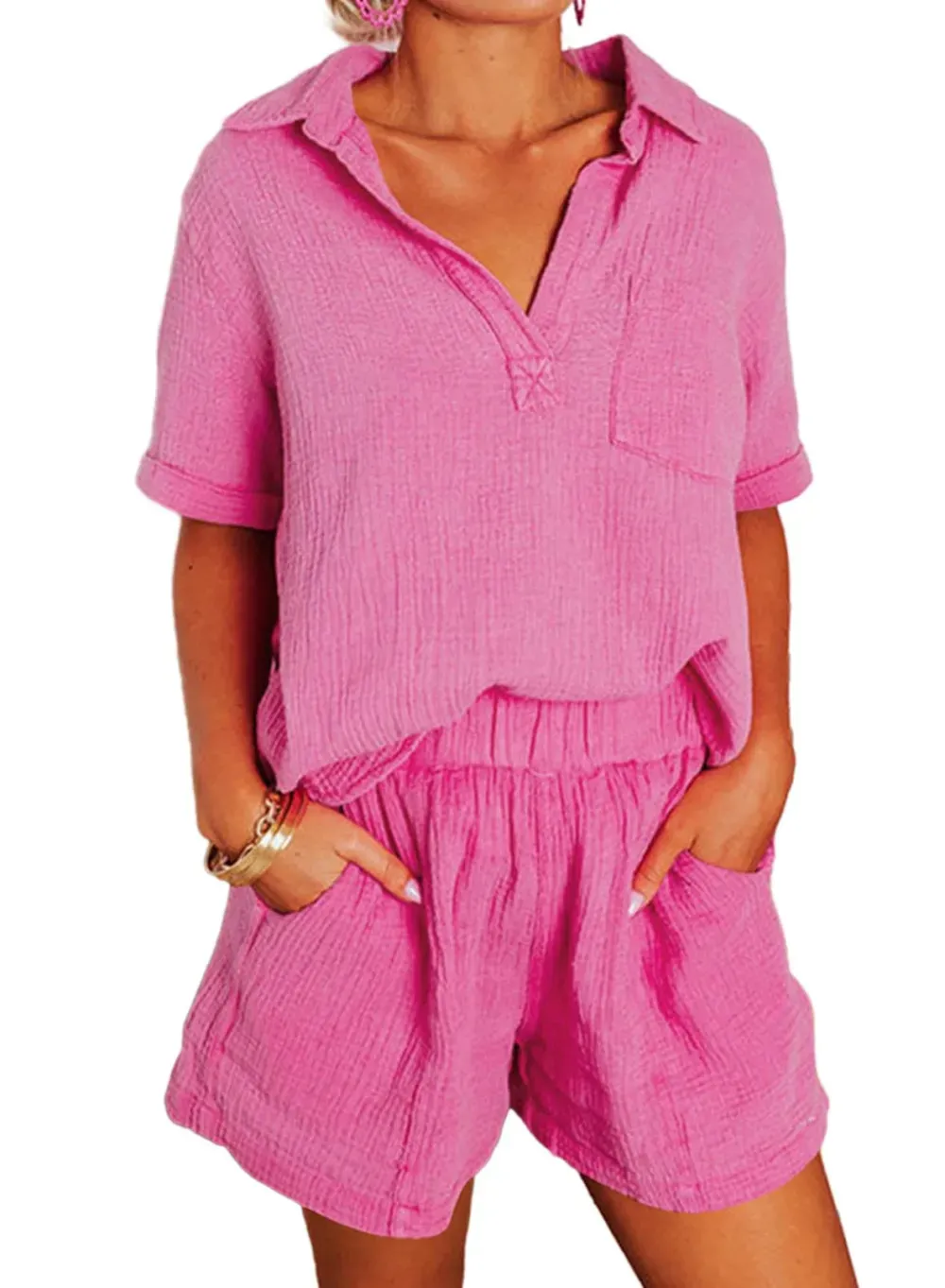 ✨Women's Two Piece Outfits V Neck Short Sleeve Shirts and High Waist Shorts Lounge Sets