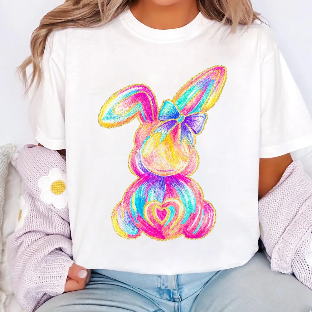Easter Colorful Bunny Printed Round Neck Short Sleeve T-Shirt