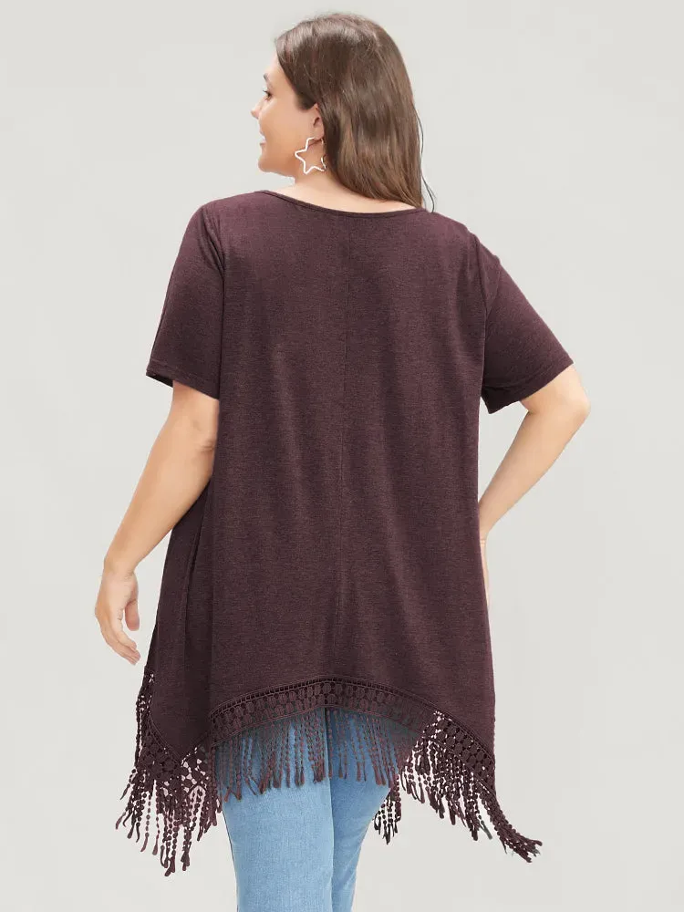 Solid Round Neck Lace Fringe Hem T-shirt