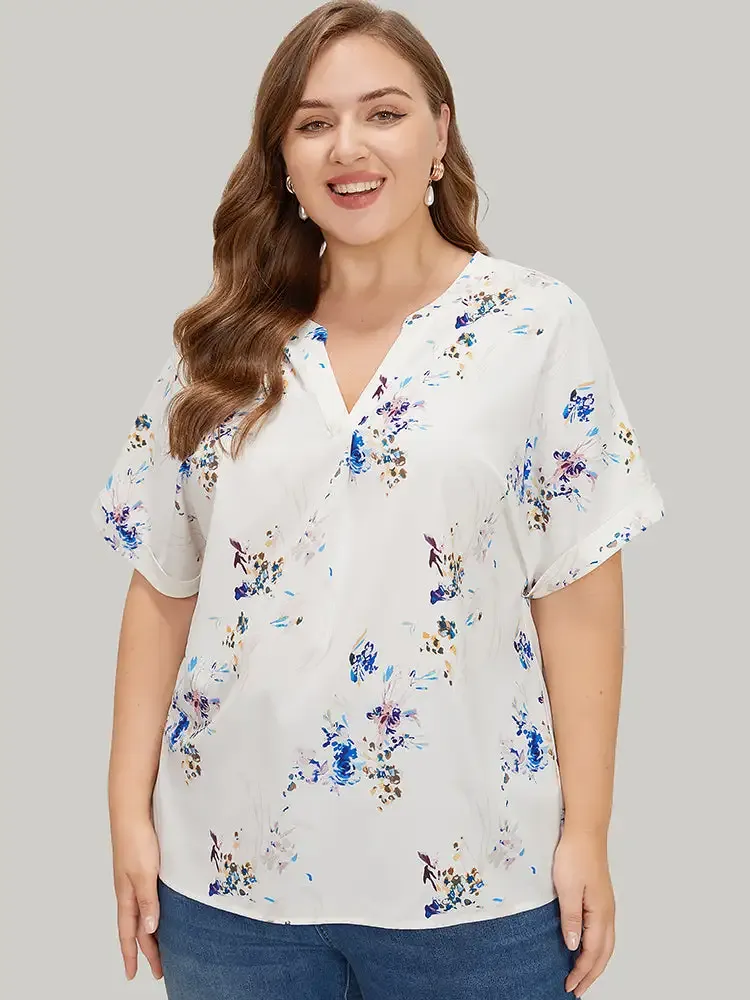 Floral Roll Batwing Sleeve Notched Neck Blouse