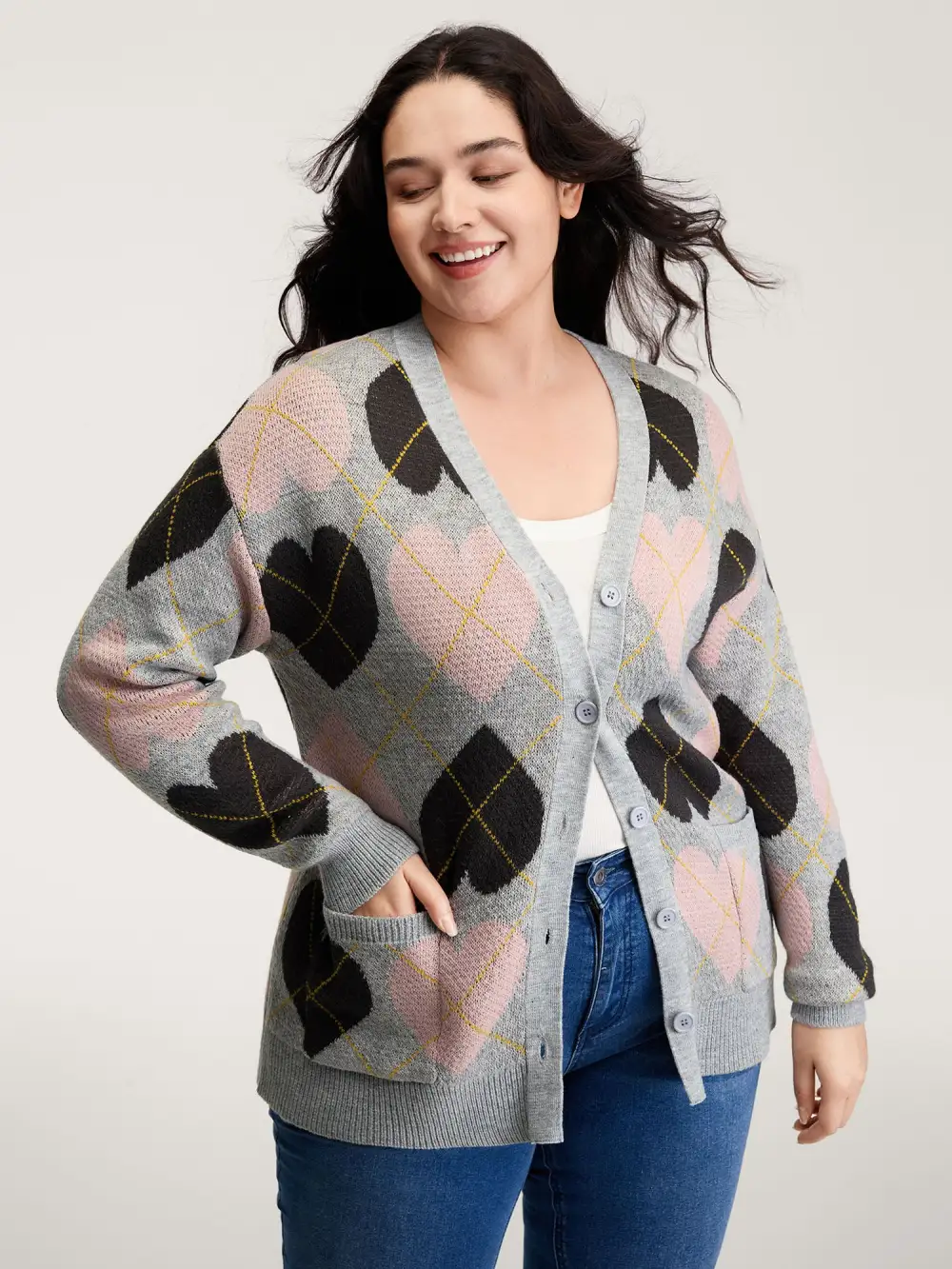 Cozy Hearts Jacquard Pattern Pockets Knit Cardigan