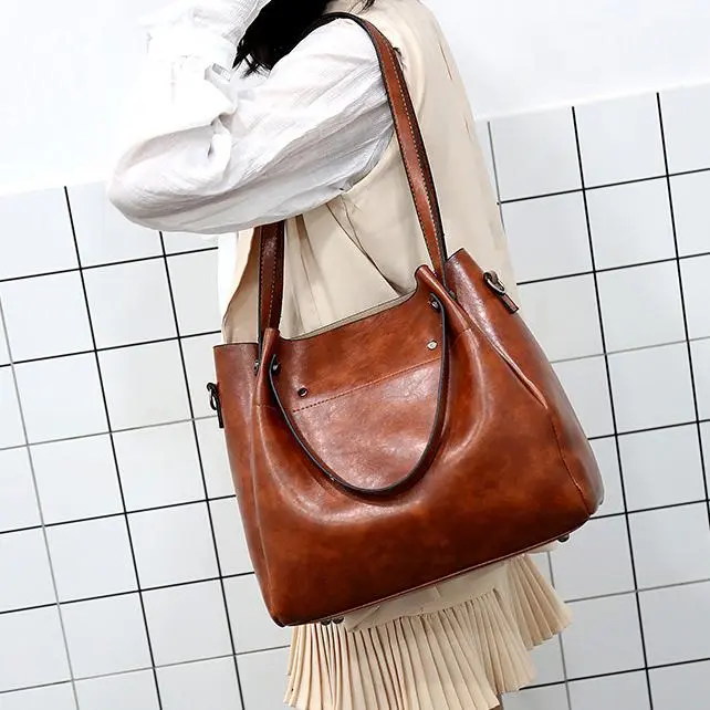 Ladies retro four-piece large-capacity Picture-mother bag, solid color handbag, one-shoulder diagonal bag