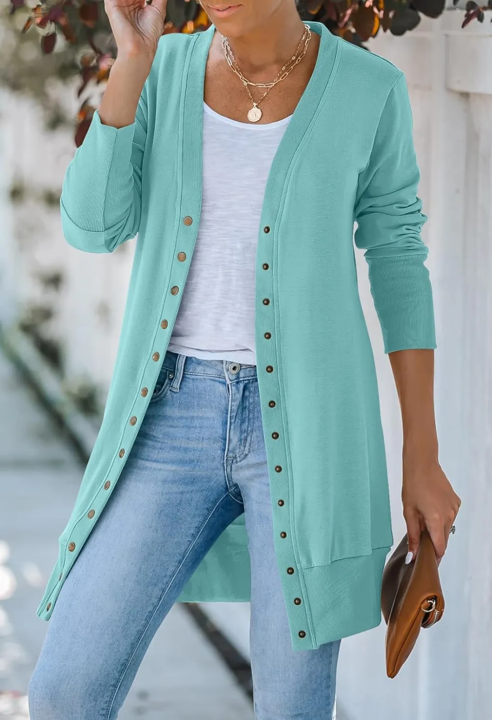 Women's 2024 Fall Long Sleeve Snap Button Down Solid Color Knit Ribbed Neckline Cardigans