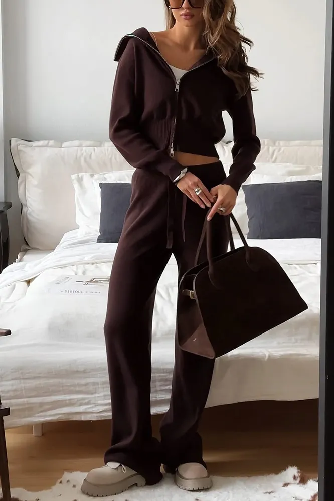 Women's Solid Color Knitted Zipper Top & Pants Two Piece Set