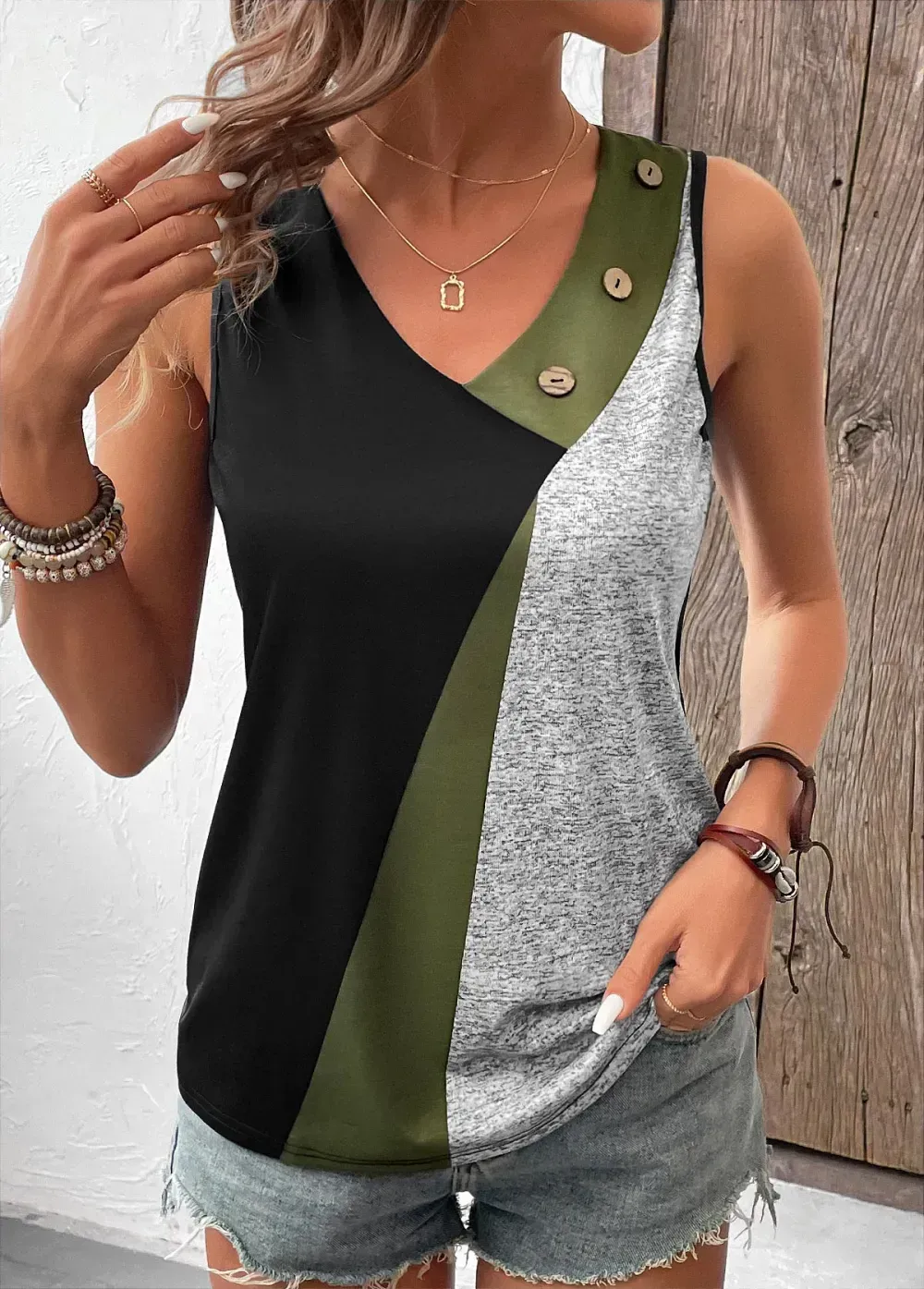 Black Button Geometric Print Sleeveless V Neck Tank Top