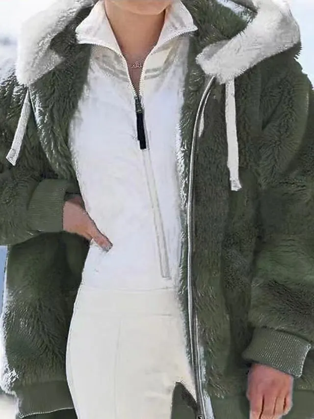 Women's Zip Hoodie Sweatshirt Fleece Jacket Pullover Sherpa Fleece Teddy Zipper Green Blue Purple Plain Round Neck Long Sleeve S M L XL 2XL 3XL / Winter / Fleece lined