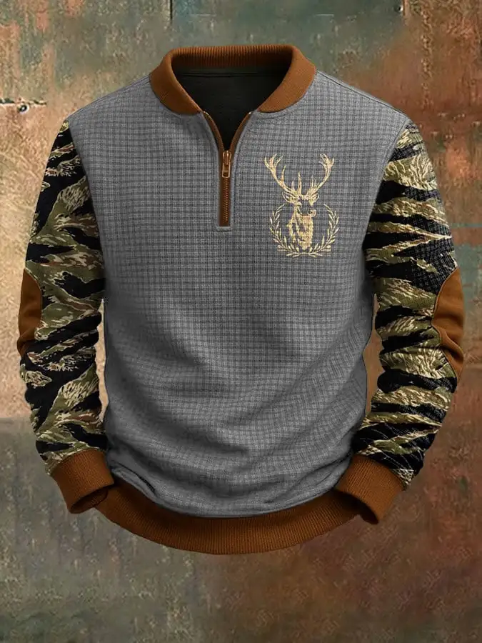 Men's Vintage Western Elk Print Jacquard Zip-Up Sweatshirt