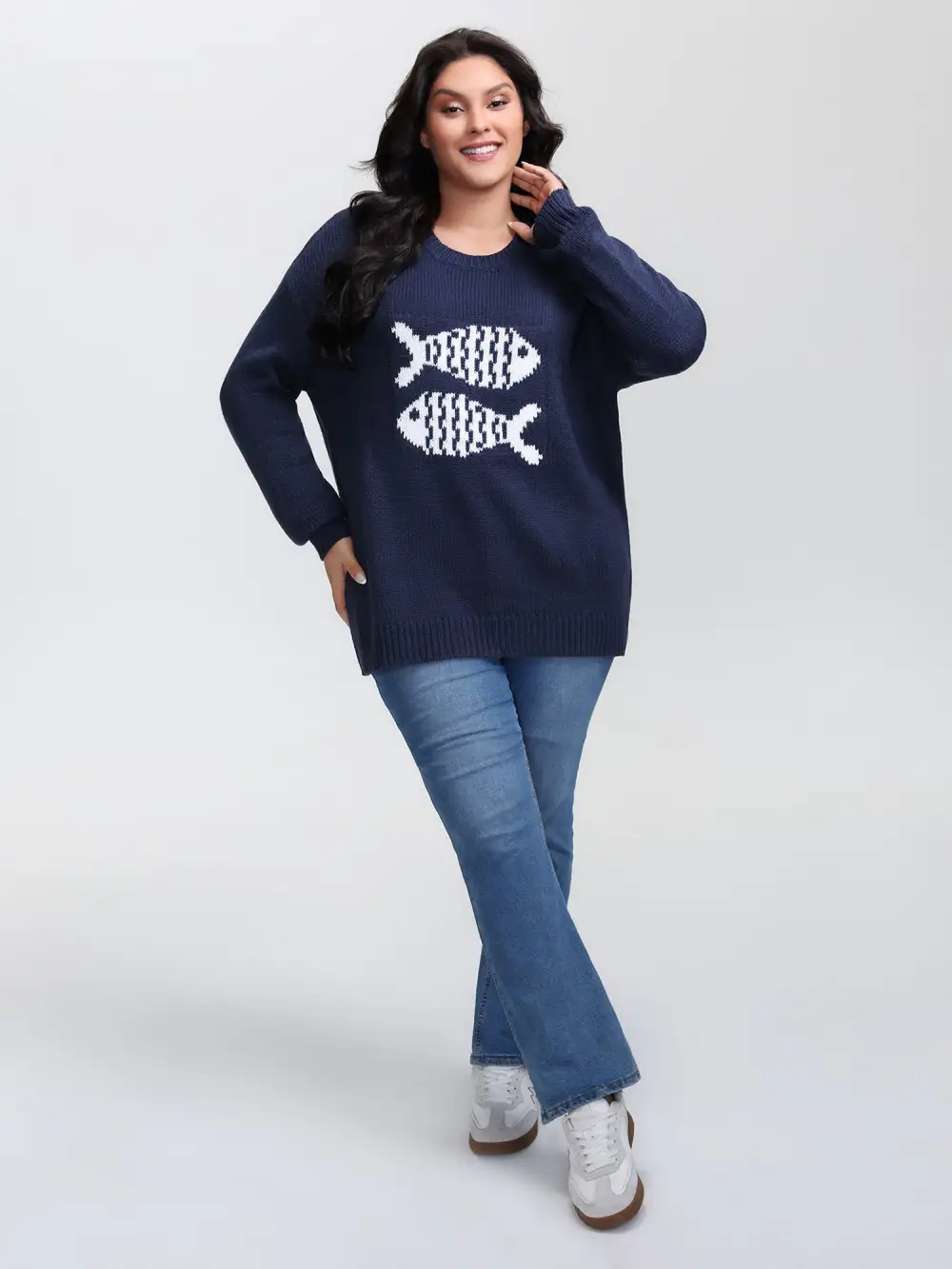 Fish Jacquard Print Round Neck Pullover