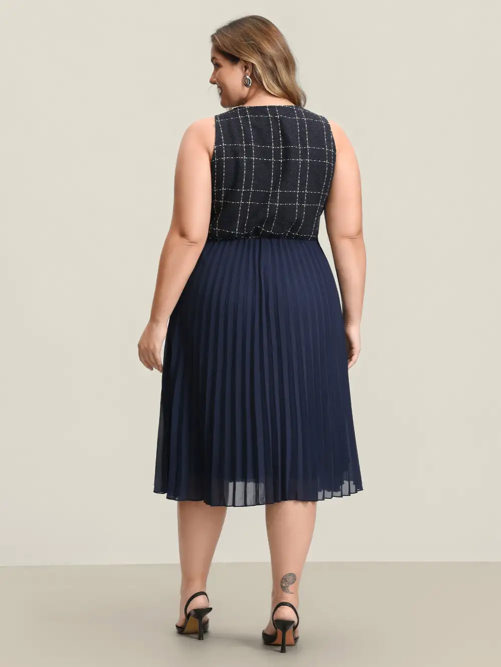 Plaid Pleated Skirt Contrast Vest Midi Dress
