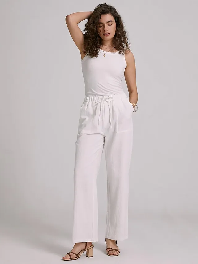 Women's Wide Leg Chinos Cotton Linen Baggy Mid Waist Black Summer