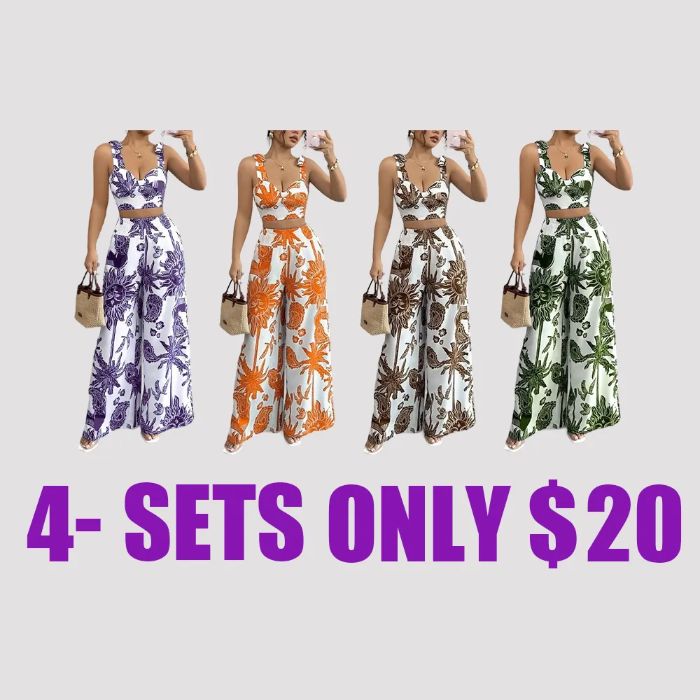 Women's 2-Piece Boho Print Crop Top & Wide Leg Pants Set – Sleeveless Beach Outfit for Summer Vacation