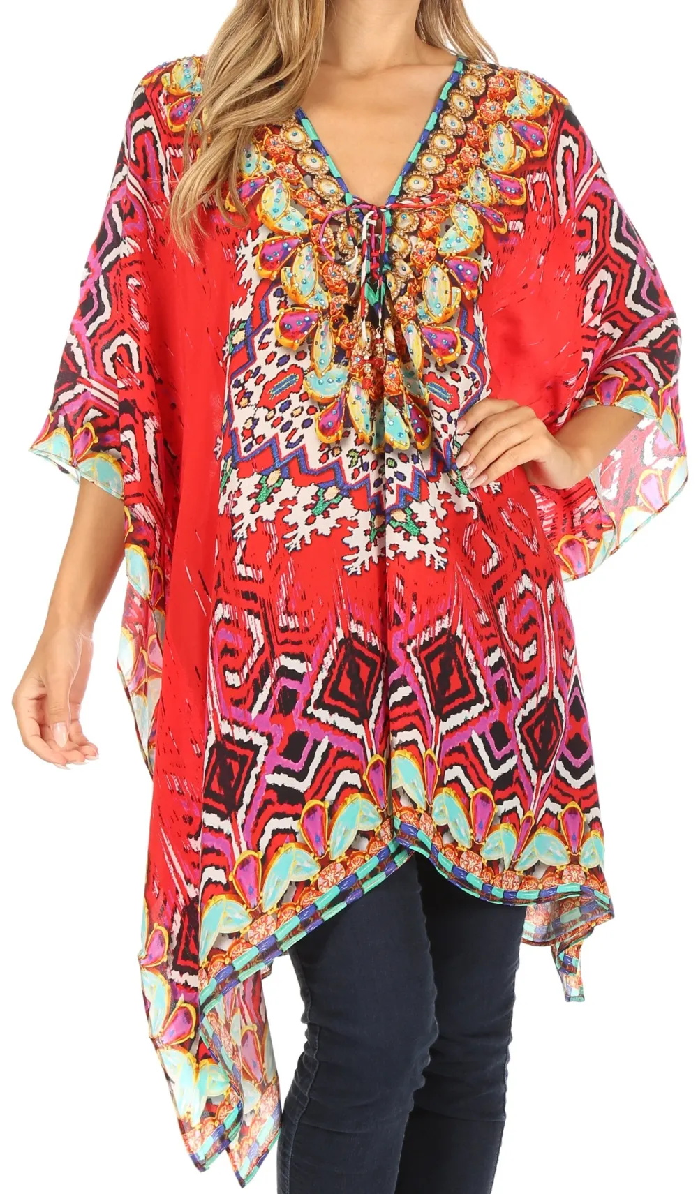 Women's Caftan Poncho Cover up V neck Top Lace up With Rhinestone