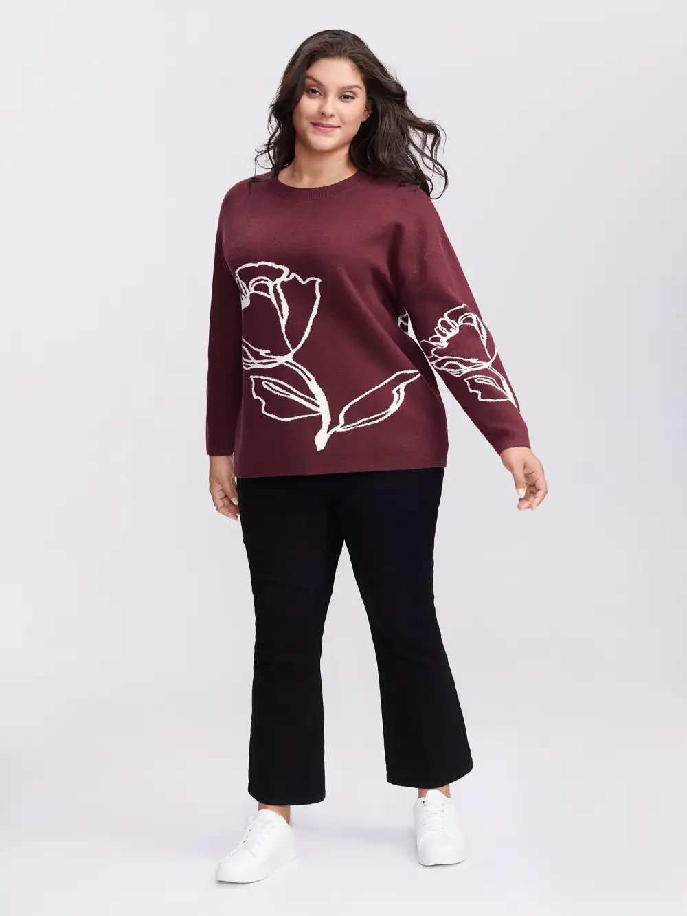 Rose Pattern Jacquard Round Neck Pullover