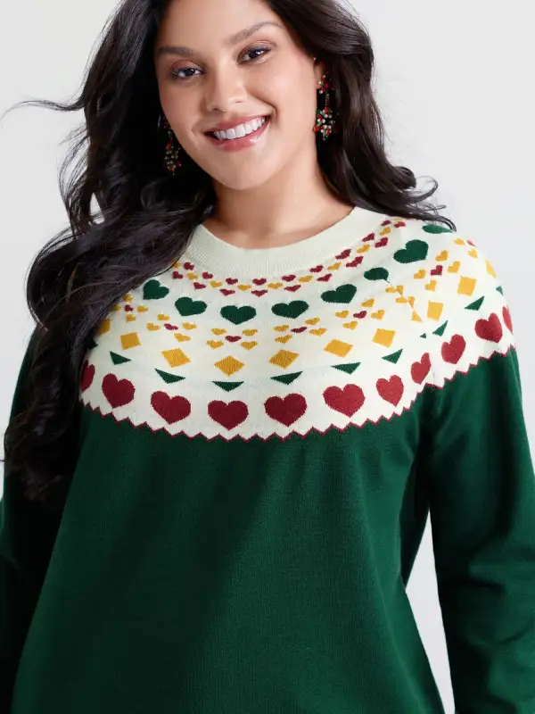 Colorful Heart Jacquard Round Neck Pullover
