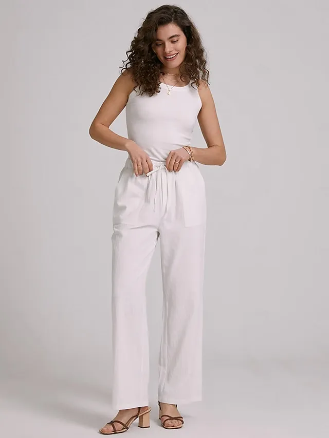 Women's Wide Leg Chinos Cotton Linen Baggy Mid Waist Black Summer