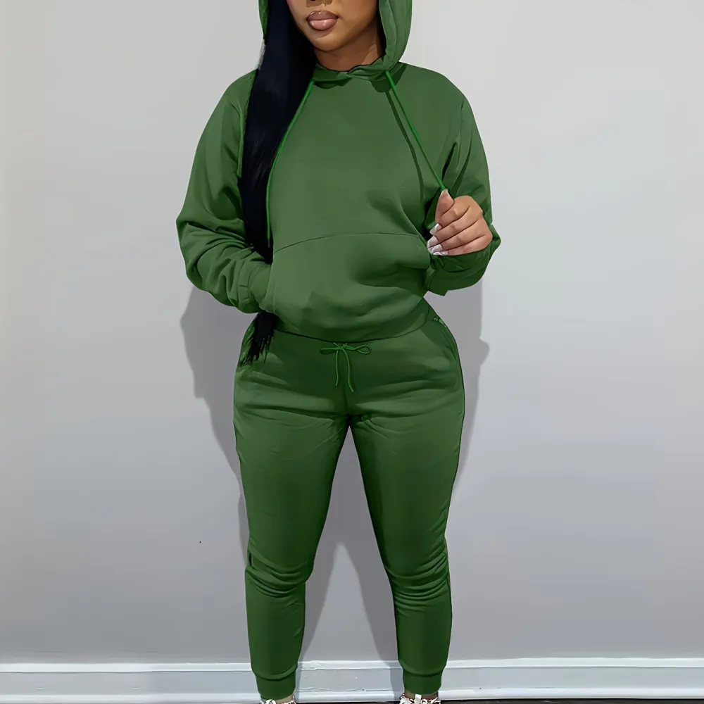Womens Comfort-fit Drawstring Hoodie & Loose Sweatpants Set - Stylish Two-Piece Pantsuit with Handy Pockets - Versatile Casual Wear for Everyday Style