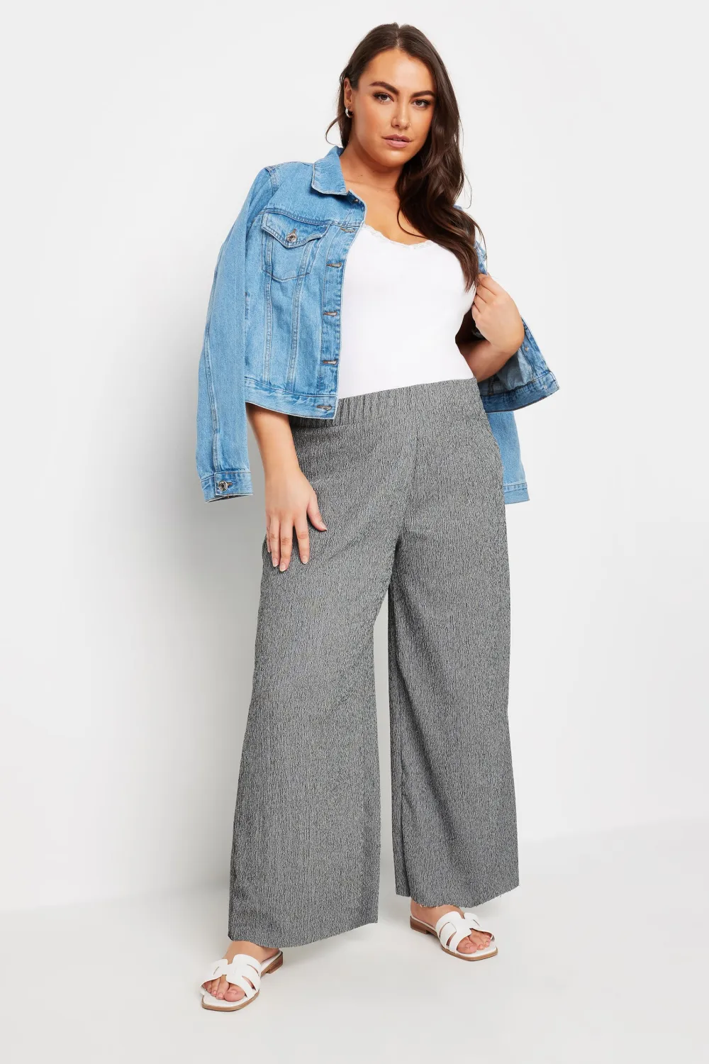 YOURS Curve Blue Abstract Print Textured Wide Leg Trousers