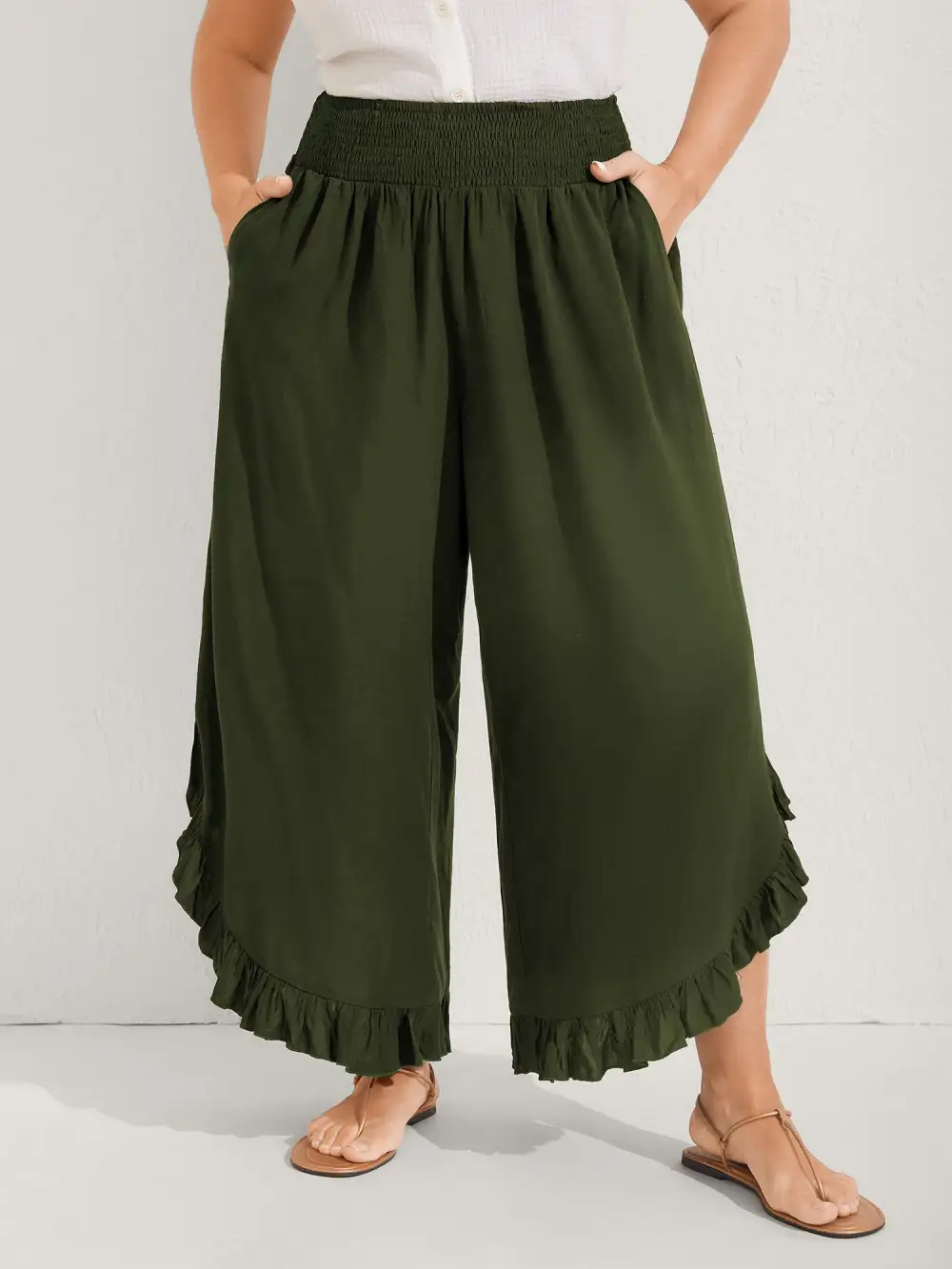 Ruffled Curvy Hem Wide-Leg Pants